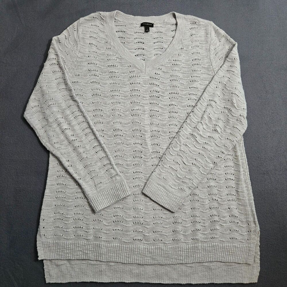 Talbots Women L Gray Slub Wavy Open Knit Pull Over V Neck Sweater